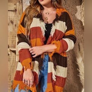 Plus Size Color Block Drop Shoulder Distressed Cardigan. NWT